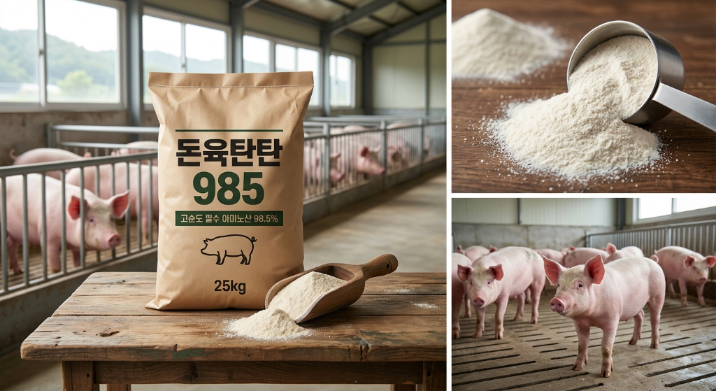 돈육탄탄 985 — 양돈 전용 고순도 L-라이신 98.5% 아미노산 보충제 25kg 포대