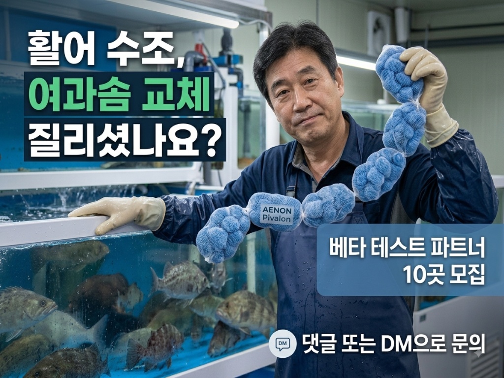 활어 수조에서 AENON 피발론 여과재를 시연하는 현장 사진