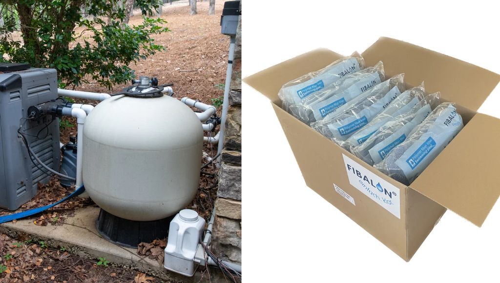 모래여과기(Sand Filter)와 FIBALON 제품 박스 — 현장 교체 적용 사례